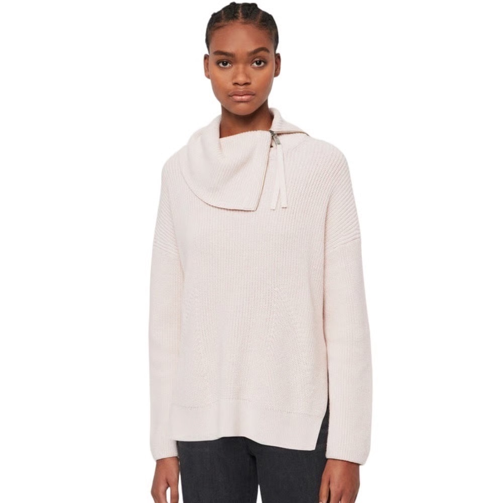 Allsaints Kadine Funnel Roll Neck Sweater Hush Pink Size Small Cotton Wool